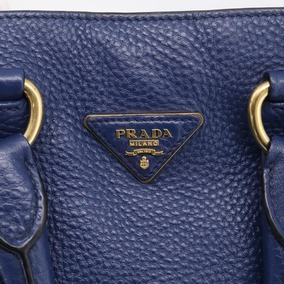 PRADA Hand Bag Leather Blue Gold Tone Auth bs37985