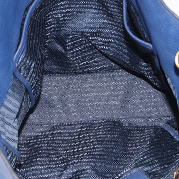 PRADA Hand Bag Leather Blue Gold Tone Auth bs37985