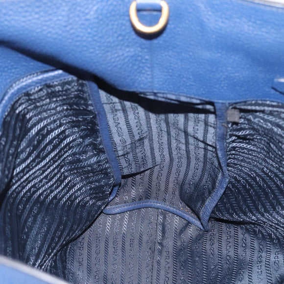 PRADA Hand Bag Leather Blue Gold Tone Auth bs37985