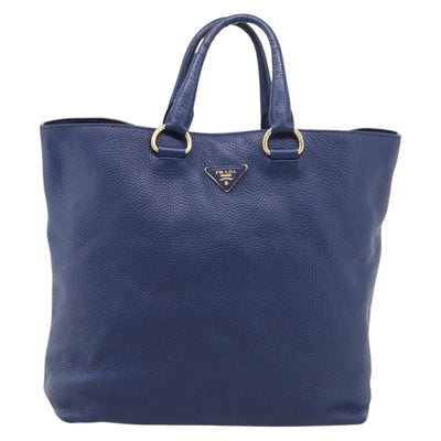 PRADA Hand Bag Leather Blue Gold Tone Auth bs37985 - 0