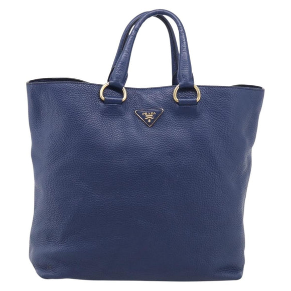 PRADA Hand Bag Leather Blue Gold Tone Auth bs37985