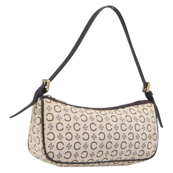CELINE C Macadam Hand Bag Canvas White Gold Tone Auth bs38002