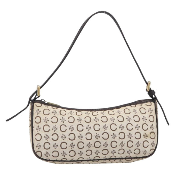 CELINE C Macadam Hand Bag Canvas White Gold Tone Auth bs38002