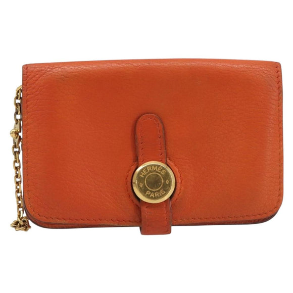 HERMES Dogon Coin Purse Leather Orange Gold Tone Auth bs38007