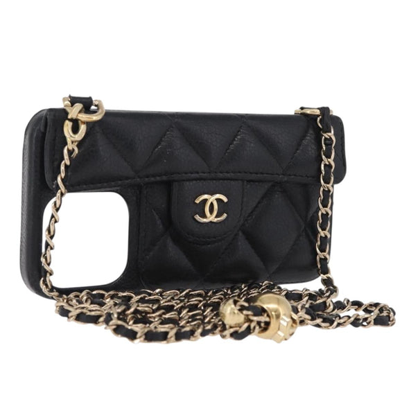 CHANEL iPhone Case Caviar Skin iPhone15 Pro Black Gold Tone CC Auth bs38010