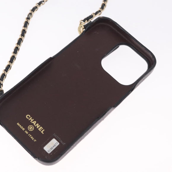 CHANEL iPhone Case Caviar Skin iPhone15 Pro Black Gold Tone CC Auth bs38010