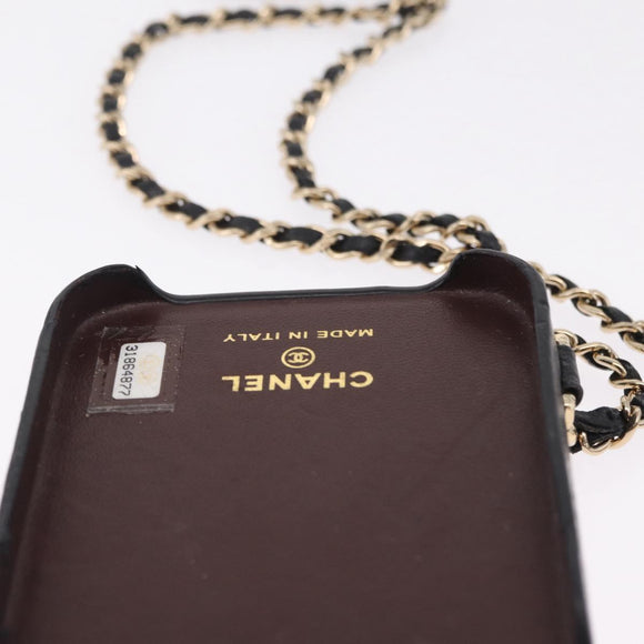 CHANEL iPhone Case Caviar Skin iPhone15 Pro Black Gold Tone CC Auth bs38010