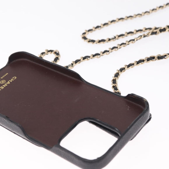 CHANEL iPhone Case Caviar Skin iPhone15 Pro Black Gold Tone CC Auth bs38010