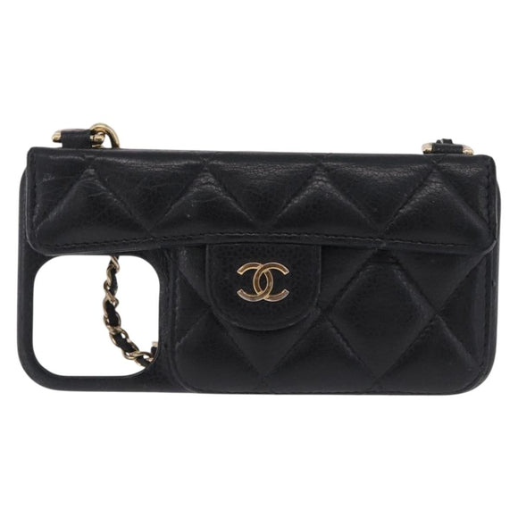 CHANEL iPhone Case Caviar Skin iPhone15 Pro Black Gold Tone CC Auth bs38010