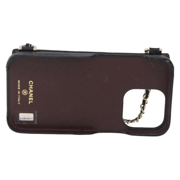 CHANEL iPhone Case Caviar Skin iPhone15 Pro Black Gold Tone CC Auth bs38010