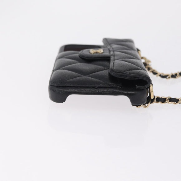 CHANEL iPhone Case Caviar Skin iPhone15 Pro Black Gold Tone CC Auth bs38010