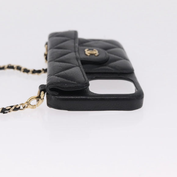 CHANEL iPhone Case Caviar Skin iPhone15 Pro Black Gold Tone CC Auth bs38010