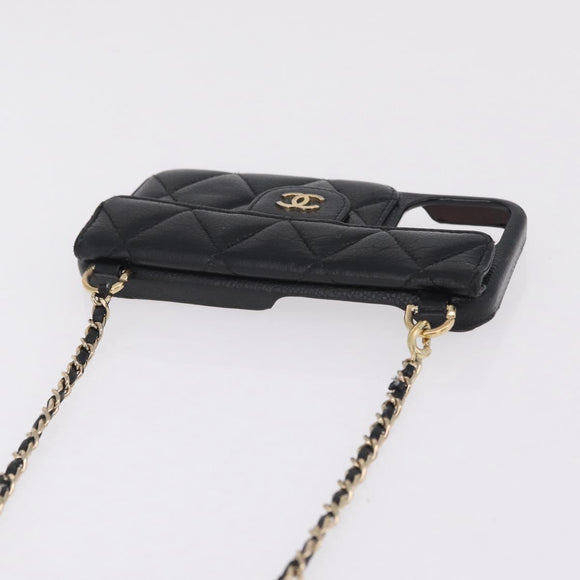 CHANEL iPhone Case Caviar Skin iPhone15 Pro Black Gold Tone CC Auth bs38010