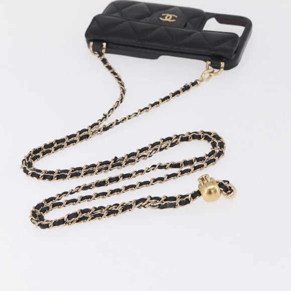 CHANEL iPhone Case Caviar Skin iPhone15 Pro Black Gold Tone CC Auth bs38010