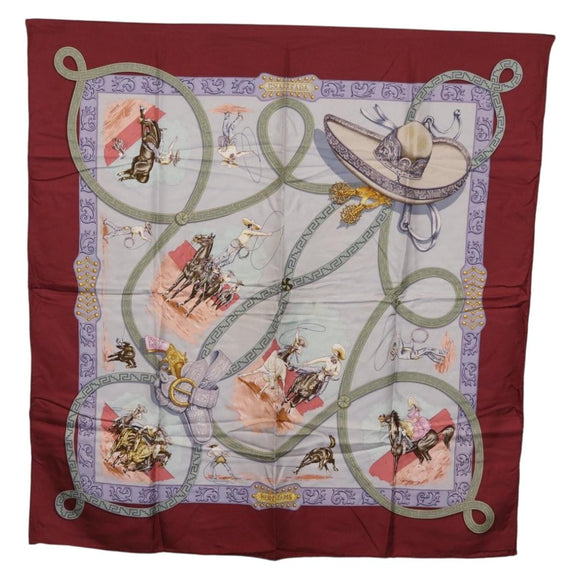HERMES Carre90 Scarf Silk Bordeaux Light Blue ""CHARREADA"" Auth bs38024