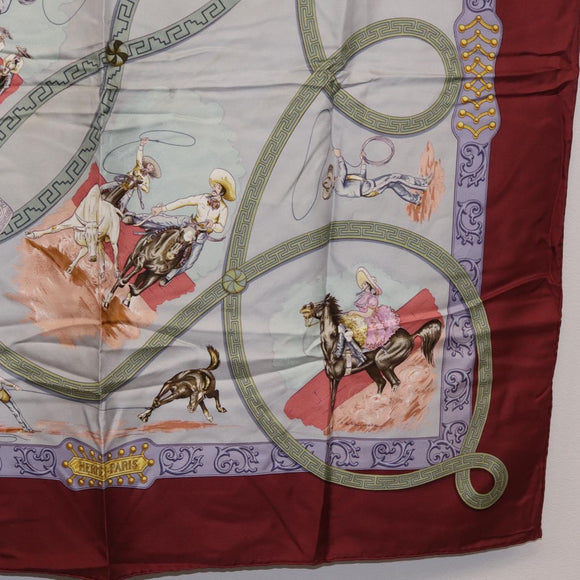 HERMES Carre90 Scarf Silk Bordeaux Light Blue ""CHARREADA"" Auth bs38024