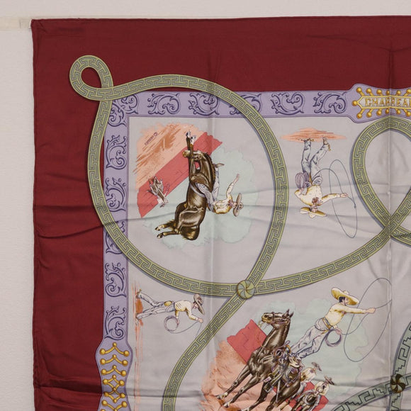 HERMES Carre90 Scarf Silk Bordeaux Light Blue ""CHARREADA"" Auth bs38024