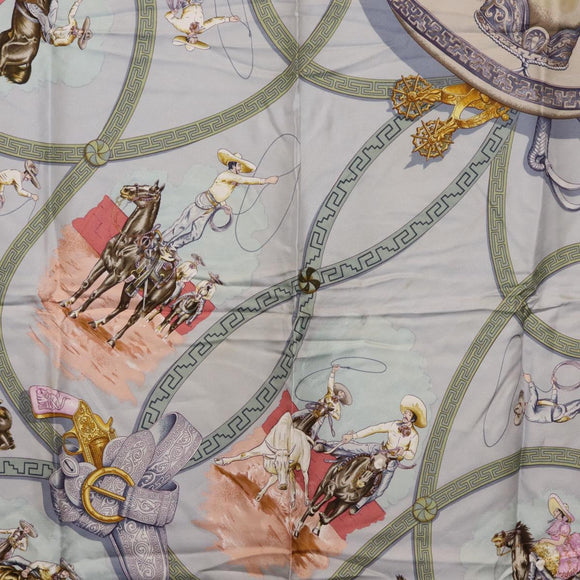 HERMES Carre90 Scarf Silk Bordeaux Light Blue ""CHARREADA"" Auth bs38024