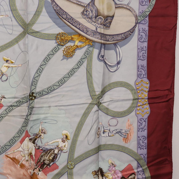 HERMES Carre90 Scarf Silk Bordeaux Light Blue ""CHARREADA"" Auth bs38024