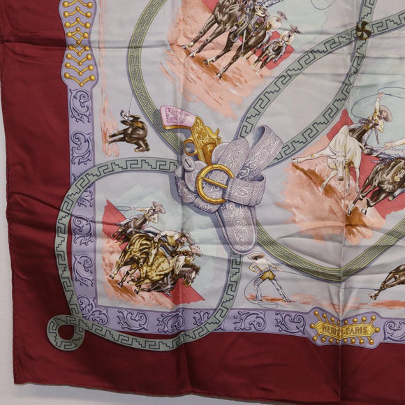 HERMES Carre90 Scarf Silk Bordeaux Light Blue ""CHARREADA"" Auth bs38024