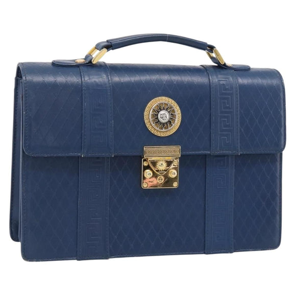 Gianni Versace Hand Bag Leather Blue Gold Auth bs38034