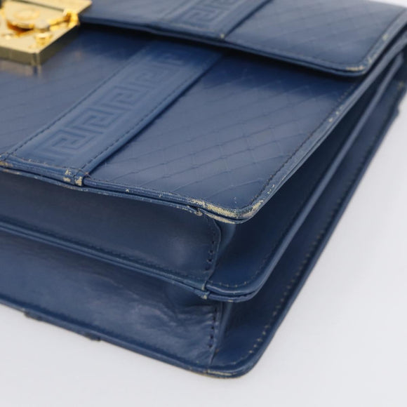 Gianni Versace Hand Bag Leather Blue Gold Auth bs38034