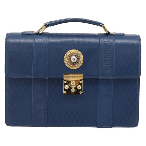 Gianni Versace Hand Bag Leather Blue Gold Auth bs38034