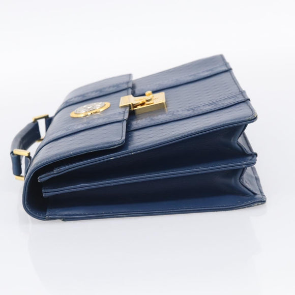 Gianni Versace Hand Bag Leather Blue Gold Auth bs38034