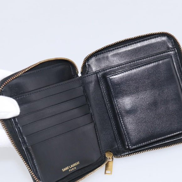 Saint Laurent Compact Full Zip Wallet Leather Black Gold Auth bs38045