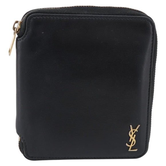 Saint Laurent Compact Full Zip Wallet Leather Black Gold Auth bs38045