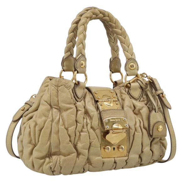Miu Miu Matelasse Hand Bag Leather 2way Beige Gold Auth bs38051