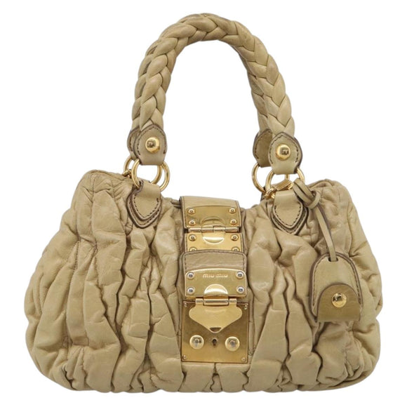 Miu Miu Matelasse Hand Bag Leather 2way Beige Gold Auth bs38051