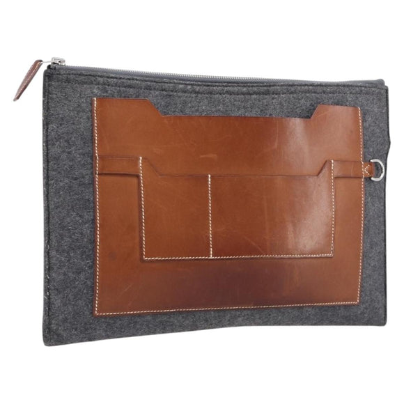 HERMES Toudou Clutch Bag Felt Gray Silver Auth bs38053