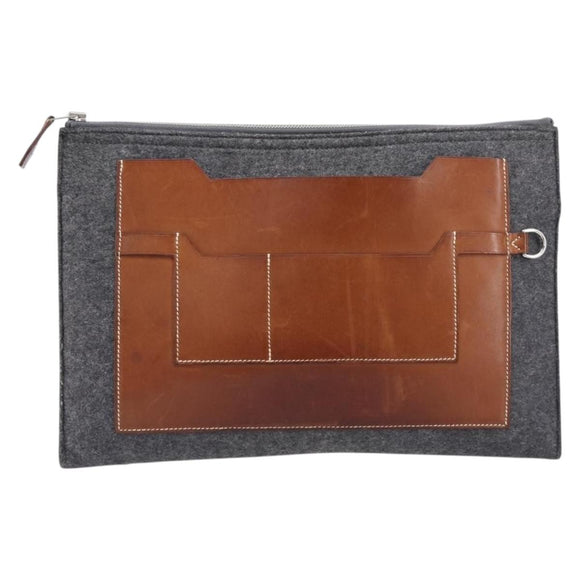 HERMES Toudou Clutch Bag Felt Gray Silver Auth bs38053