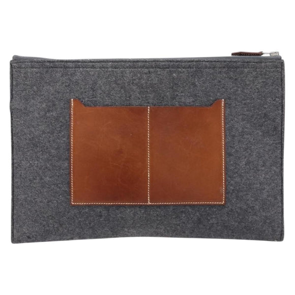 HERMES Toudou Clutch Bag Felt Gray Silver Auth bs38053