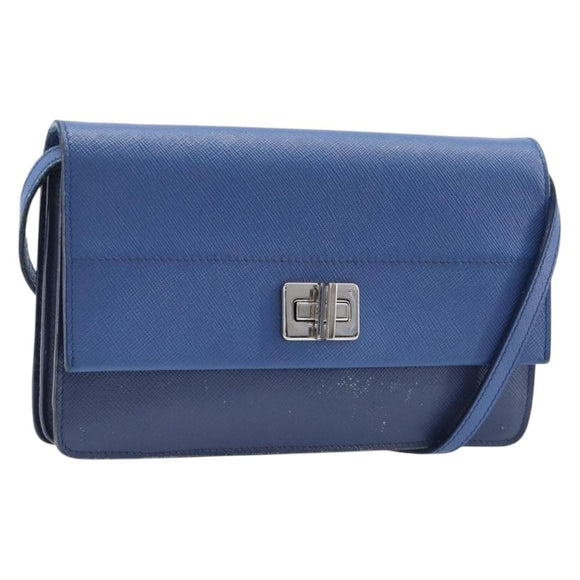 PRADA Shoulder Wallet Safiano Leather Blue Silver Auth bs38058