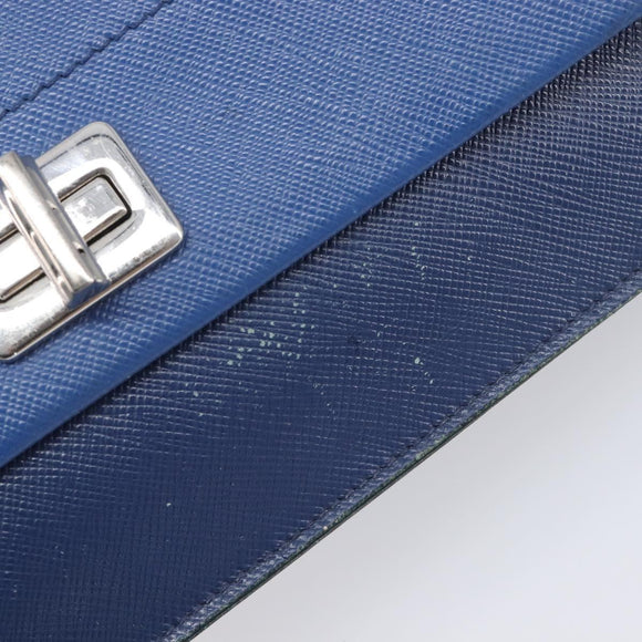 PRADA Shoulder Wallet Safiano Leather Blue Silver Auth bs38058