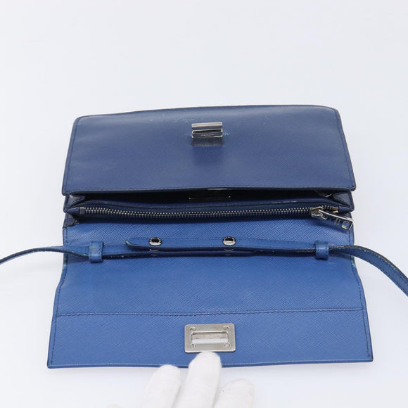 PRADA Shoulder Wallet Safiano Leather Blue Silver Auth bs38058