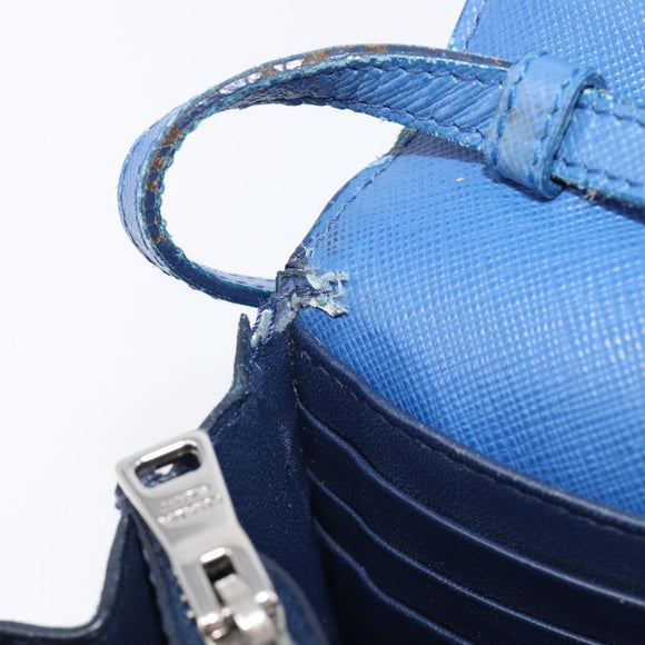 PRADA Shoulder Wallet Safiano Leather Blue Silver Auth bs38058