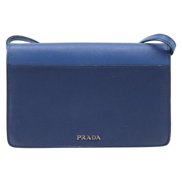 PRADA Shoulder Wallet Safiano Leather Blue Silver Auth bs38058