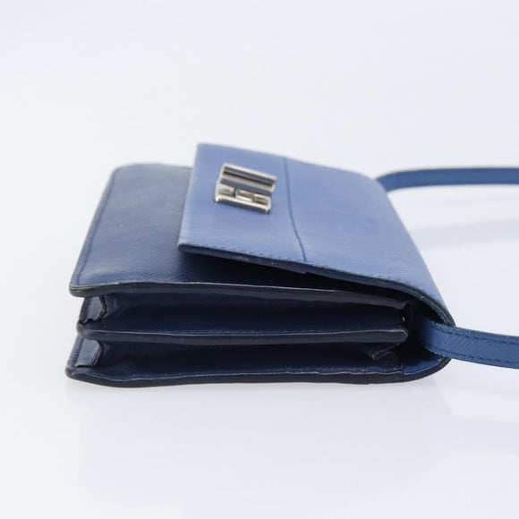 PRADA Shoulder Wallet Safiano Leather Blue Silver Auth bs38058