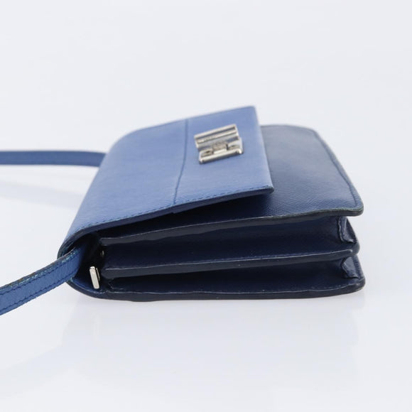 PRADA Shoulder Wallet Safiano Leather Blue Silver Auth bs38058