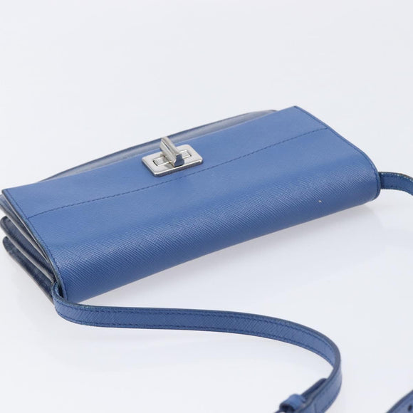 PRADA Shoulder Wallet Safiano Leather Blue Silver Auth bs38058