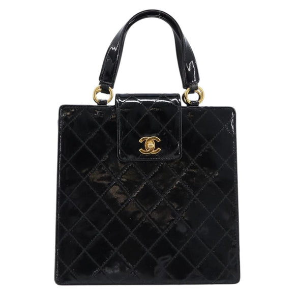 CHANEL Matelasse Hand Bag Patent Leather Black Gold CC Auth bs38065