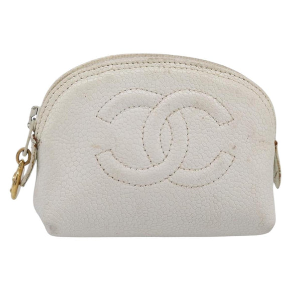 CHANEL Pouch Caviar Skin White Gold CC Auth bs38066