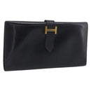 HERMES Bairn Classic Long Wallet Leather Black Gold Auth bs38071-1