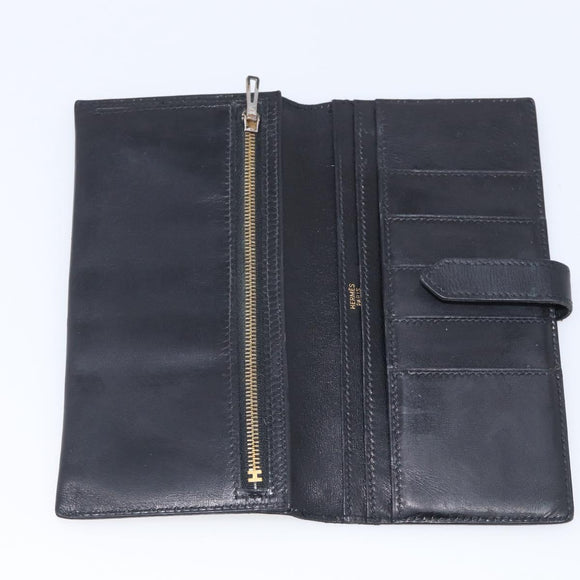 HERMES Bairn Classic Long Wallet Leather Black Gold Auth bs38071