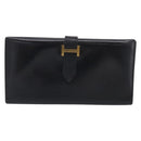 HERMES Bairn Classic Long Wallet Leather Black Gold Auth bs38071-2