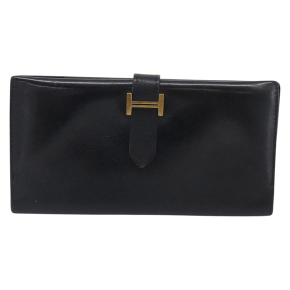 HERMES Bairn Classic Long Wallet Leather Black Gold Auth bs38071