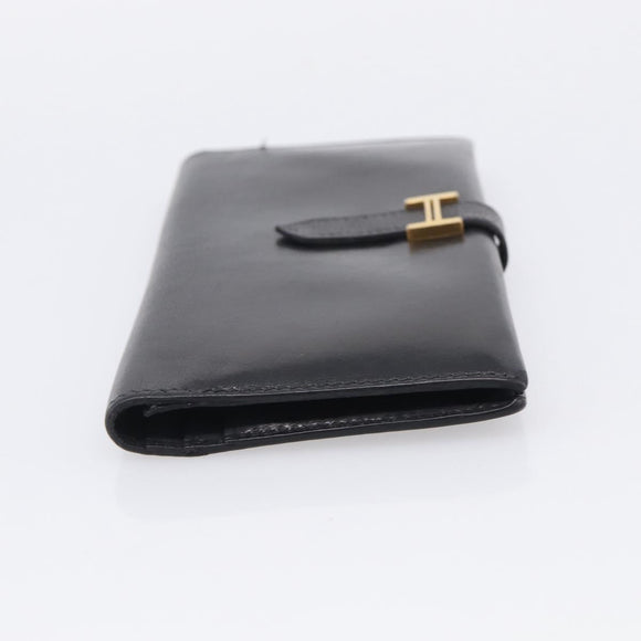 HERMES Bairn Classic Long Wallet Leather Black Gold Auth bs38071